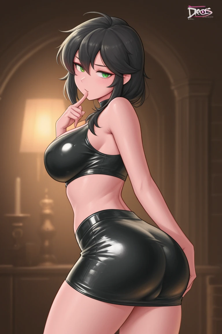 Masterpiece, ground Level Shot, looking down, straight back, cross-legged, black 6 inch high heels, single female, milf 45 years old with very big breasts, short black hair, sexy clothes, short black pencil skirt, black tight sleeveless top, disappointed look in eyes!, green eye color, disappointed smile!, empty hands with wedding ring