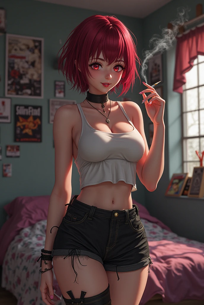 Beautiful girl with short crisp red hair, tall slim fitt ???????????, with shorts sleeveless shirt, accompanied by 4 small ren in the living room