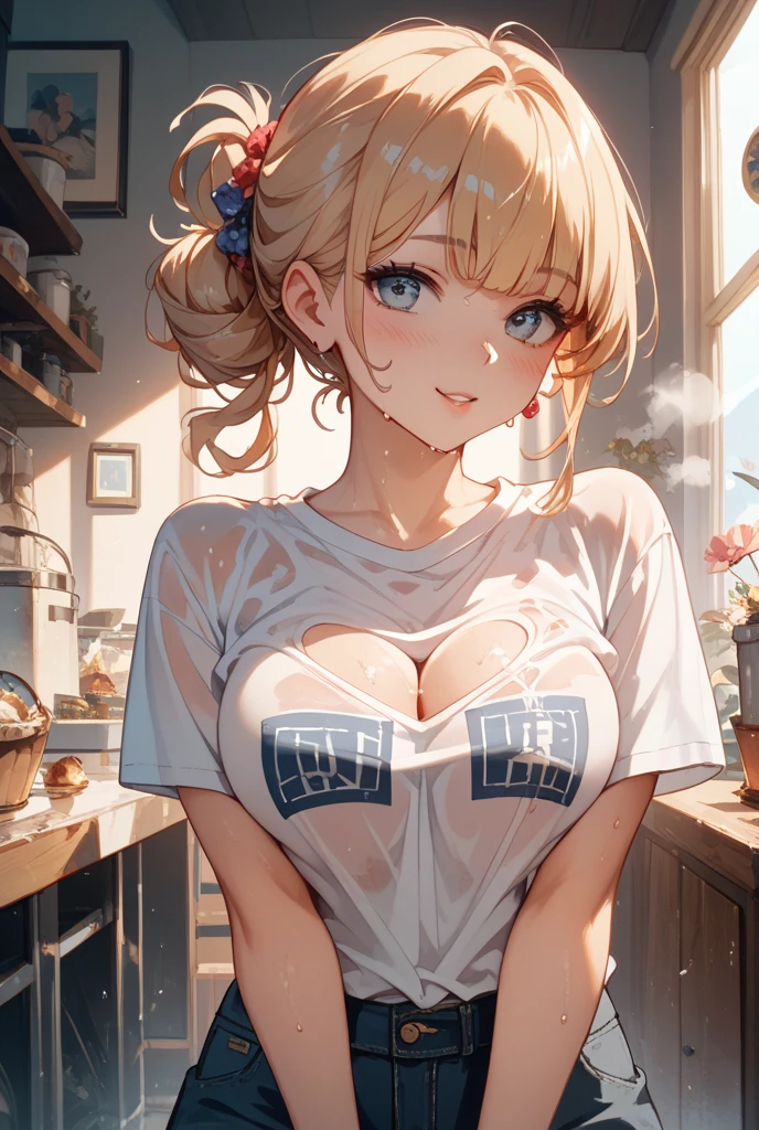 1girl,solo,super detailed skin,shiny skin,natural smile ,eyelashes,lips gloss,blonde hair, hime cut,blunt bangs,short hair ,large breasts ,naked apron,kitchen ,masterpiece,best quality,ultra detailed,high resolution,sharp focus,depth of field