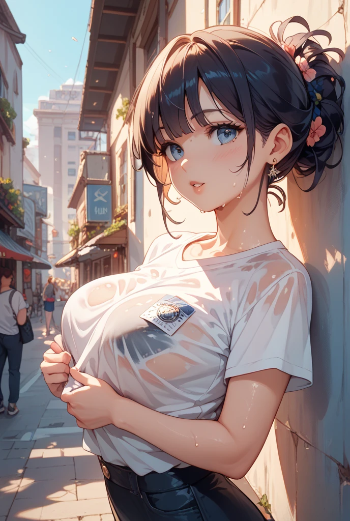 ((ultra-quality)), (A woman waiting at a traffic light in heavy rain), (white low rise micro pantie:1.2), (No slings:1.5), (hands are down:1.5), (arms are down:1.5), (in 8K), (arms behind back:1.5), (Angle from side:1.6), (side breast), (side back view:1.5), (profile), ultra high-res, Hyper Detailed, High contrast, Ultrafine Strike, creative refinement, absurdres, Realistic, extremely detailed CG unified 8k wallpaper, Highly detailed, High-definition raw color photos, professional photography, Realistic portrait, Cinematic Light, Beautiful detailed, 20 years old woman, (realistic skin:1.3), (shiny skin), (Best Quality:1.4), Super Detail, High quality, master piece, lifelike, Perfect face, Silly, (side hip), (closed mouth:1.3), (Sharp Focus), (upper body), (close up), Delicate Beautiful Hair and Eye and Face, Delicate eye, radiant eye, Lifelike, Hyper-detailing, (firm chest:1.6), (upturned chest:1.6), (large breast:1.6), (Beautiful breast:1.5), (breast is covered with shirt:1.1), (Sheer nipple), (smooth flanks), (arms behind back), Beautiful cute woman, camel-toe details, SFW, slim body, pale black eyes, brunette short bob hair, ponytail, on a deserted street