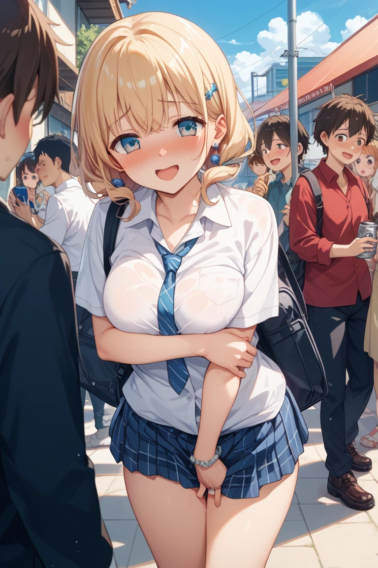 (((small medium breasts))), ((best quality)), ((masterpiece)), (detailed), (((perfect face))), (((slender 16yo teen girl))), ((((topless)))) (((dark blue pleated skirt from waist to thighs))), (((blonde hair))), ((French braid)), ((shy:1.3)), (((blushing cheeks:1.5))), ((skinny hips)), (((walking through train station))), ((((girl looking away)))), (((bare arms))), (((bare shoulders))), (((bare stomach))), (((skinny thighs)))