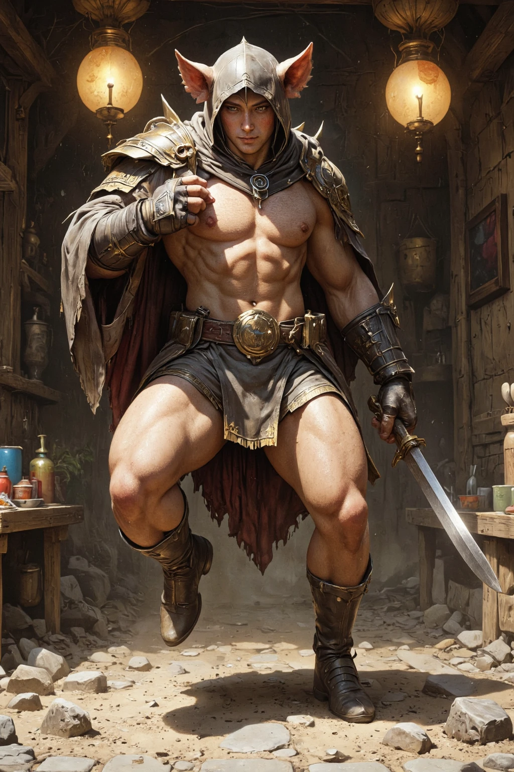 (8K, high definition, high quality, highly detailed) Handsome Asian daddy. chubby. big tummy. warrior. shouting. angry. leather armor. leather pants. leather boots. shoulder plates. bracers. heavy belt. battlefield. catapults in the background. volley of arrows. afternoon. overcast sky.
