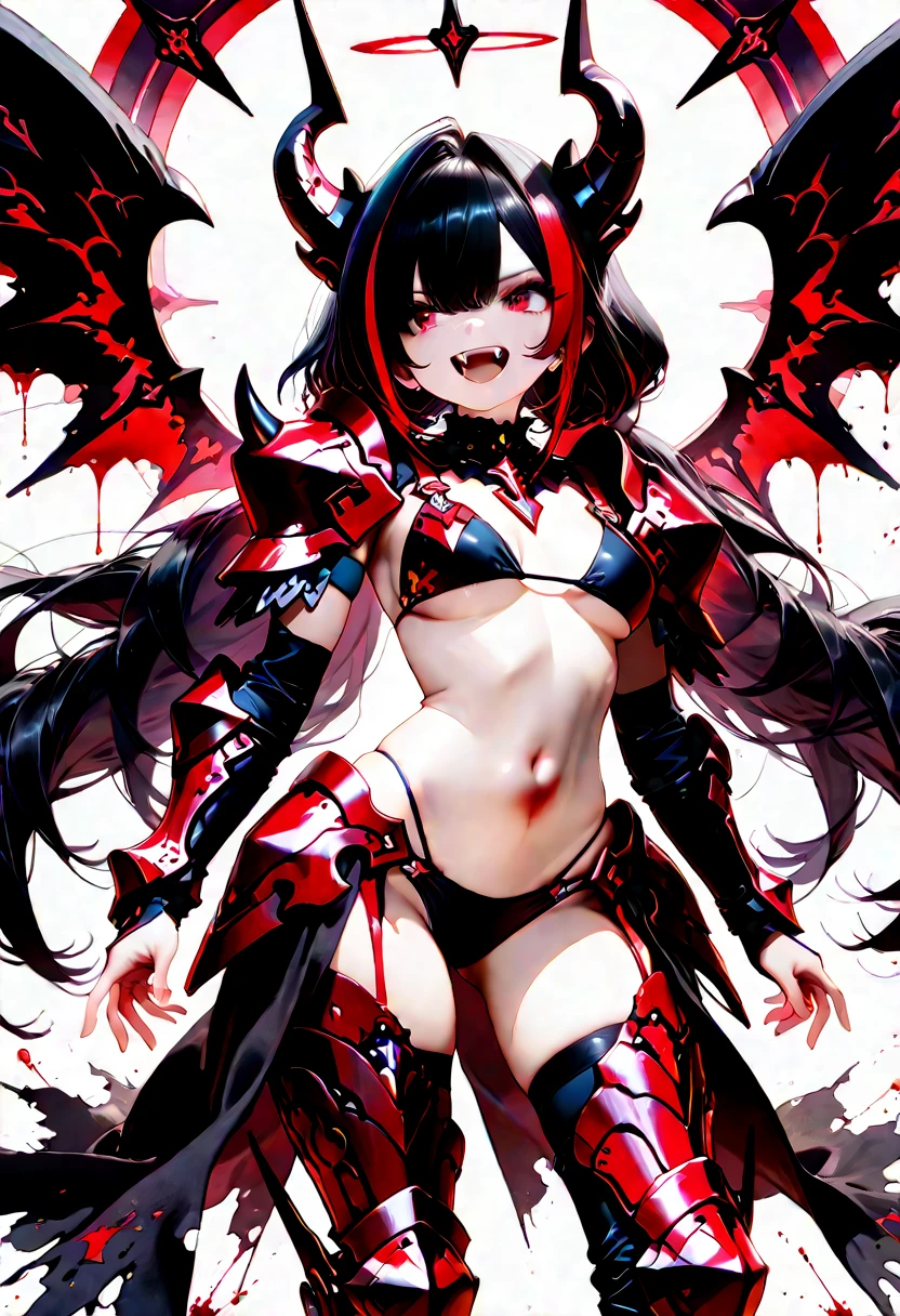 1girl, loli, demon girl, demon outfit, red skin, yellow eyes, black hair