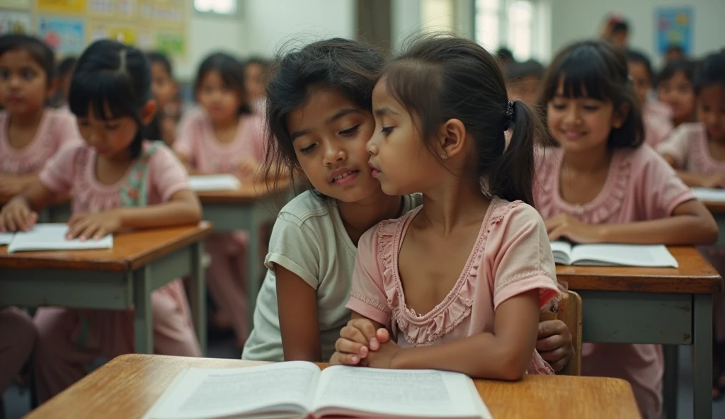 Children and adolescents in grey uniforms suffering school violence in Guatemala