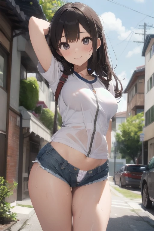 ((Superflat, Flat Shading, flat-colors:1.1)、Illustrations、(cute little:1.2)、very beautiful 18 year old cartoon girl、cheeks are reddened、(High Detail Skin: 1.2)、photorealistic anime girl render、realistic anime 3 d style、cute little,beautiful brown hair、Strong highlights of the eyes、erect nipples,cameltoe,Squat and open legs、Tall、full of sweat,((Camera angle looking up from slightly below the front))、Pretty underwear、((Detailed white underwear)),(big breasts)、