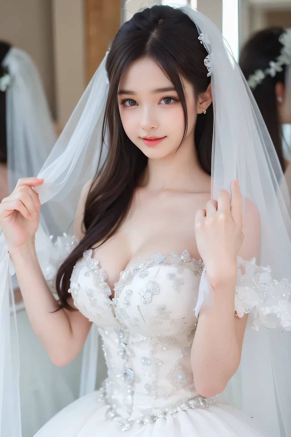 (best quality, masterpiece:1.2), (realistic:1.3), (ultra-detailed background, detailed background), bokeh, ((medium breasts)), ((fantabulistic taut cleavage)), ((spread breasts)), ((sexy obscene)), (big pretty areolae:1.2), double eyelid, frilled dress, (lace-trimmed see-through pure white dress:1.4), bridal tiaras, gorgeous parchment wedding dress, luxury wedding dress, classic wedding dress, show, bridal veil, bridal gauntlets, bridal cascading bouquet, upper body, wedding at church, from above, the skirt spreads round and wide, 1girl, cute, teenage, posing, smiling, dynamic angle, dynamic pose, very long hair,