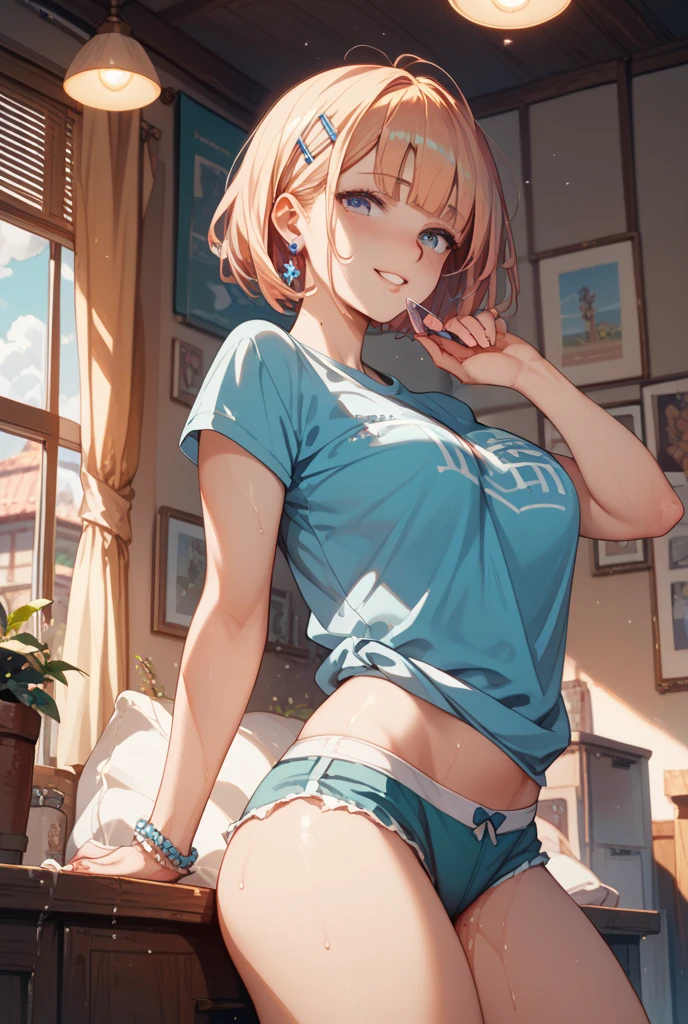 wearing nothing but a striped top tank, lifting the top tank partially showing naked tits to me, wearing nothing but striped thigh panties, short blonde hair, nice round ass