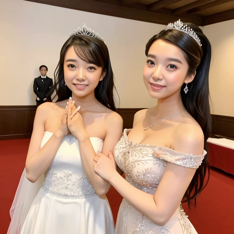 A young Asian girl in a pristine white wedding gown sits on a rock by the seaside, in a panoramic view.Her facial features are delicately refined, with fair and smooth skin. Her eyes are bright and lively, with well-shaped eyebrows that slightly arch upwards, radiating a soft yet confident glow. Her nose is petite and perfectly sculpted, while her lips are rosy and slightly parted, as if hinting at a gentle smile.

As for her hands, they are slender and exude elegance and finesse. With flawless and pristine skin on the back of her hand, her fingers are long and graceful. She adorns one of her fingers with a dazzling diamond ring, reflecting a mesmerizing brilliance that mirrors her inner happiness and beauty, captivating --auto