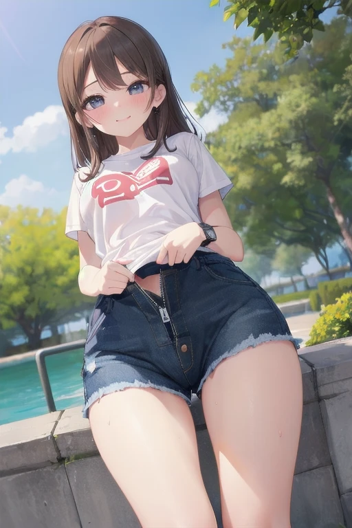 sharp focus, sexy 18yo white girl, wearing black tee shirt, thin waist, wide hips, beautiful face, <lora:Best_Jean_Shorts_v4.12:.77> wearing cutoff jean shorts, sitting on a park bench, showing off her pussy, pussy lips, legs spread, AS-YoungV2:.5, <lora:InniePussy1 v4:.6>, <lora:colorify:1>