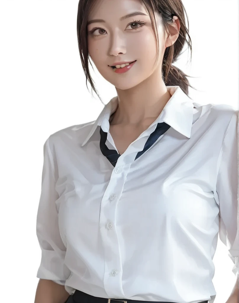 ((highest quality、Masterpiece、High resolution))、(((Zoom photo of upper body、Black Hair)))、(A shy smile:1.2)、One woman、Beautiful Skin、Beautiful Eyes、Big Breasts、blazer、shirt、tie、Trimmed bangs、short hair