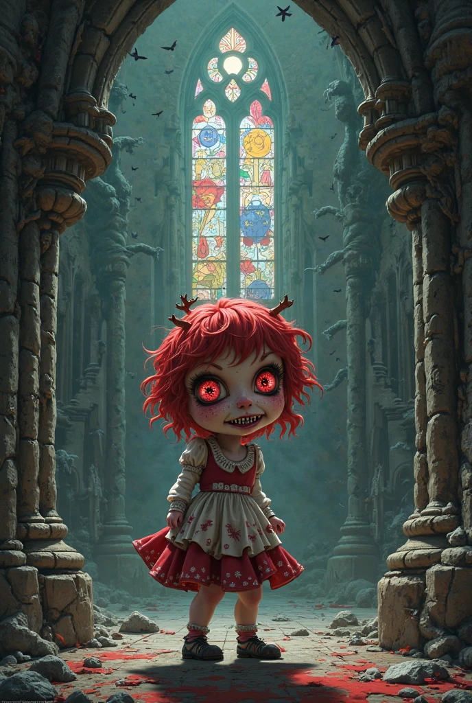 a doll with blue hair sitting in front of a bunch of candles with eyes on it and a needle in front of it , chaingirldark style elegant, highly detailed, digital painting, artstation, concept art, matte, sharp focus, illustration, art by Artgerm and Greg Rutkowski and Alphonse Mucha