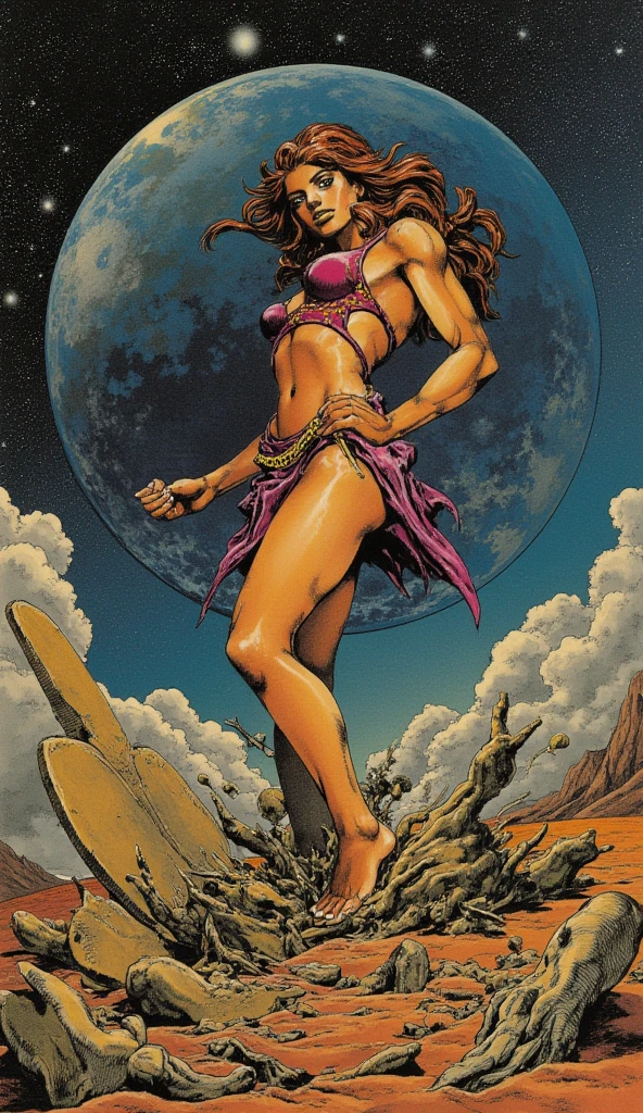 Background: a realm where galaxies collide and celestial clouds swirl. A glow from a thousand cosmic furnaces.
Foreground: a beautiful woman, divine, regal, celestial in appearance. She has long, flowing, dark hair, wide eyes, wearing a long sheer gown cut low in the front, revealing ample cleavage, and cut up the side to her hip. Add bright, contrasting swirls of yellow, red, purple and green.