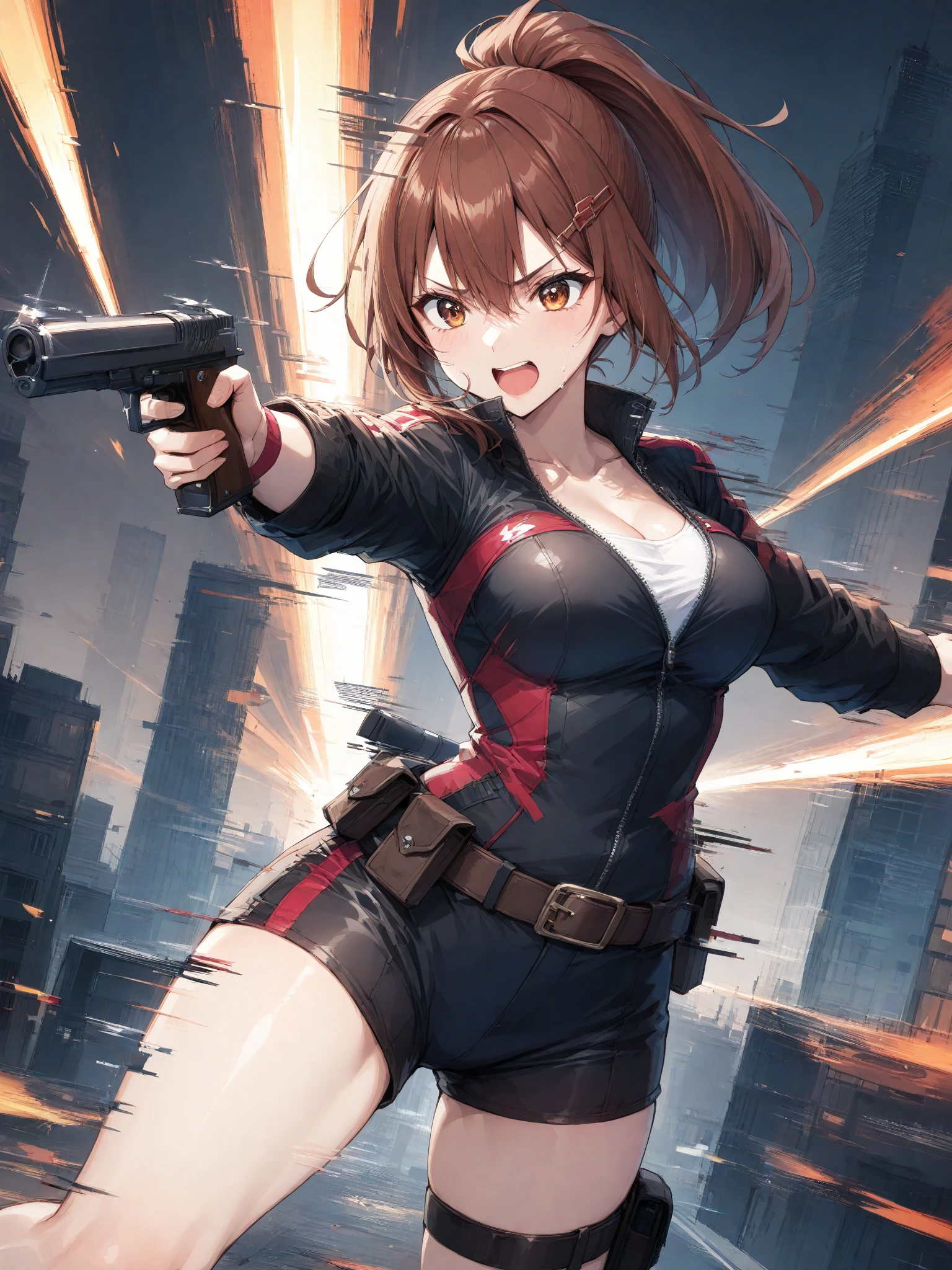 takeda hiromitsu style,Gunfight、(((masterpiece, highest quality:1.3,absurdres))),cowboy shot,20 year old beauty,Sniper、solo,((very small head)),short bob hair,bangs,dark brown hair,brown eyes,blush,Serious expression、medium breasts,((very long body)),((slender body)),skinny,gleaming skin,shiny skin, Black turtleneck、No sleeve、Crop length、navel、Black micro mini shorts、Black combat boots、Holding a handgun in your hand、(Firing stance、Shoot a gun、Detailed handgun),explosion、Abandoned Factory、Tokyo、at night、moonlight、