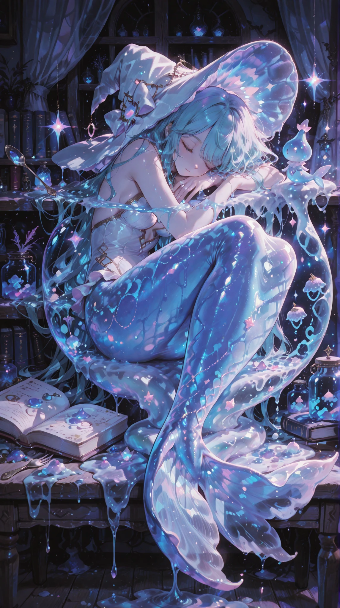 masterpiece, best quality, ultra detailed, illustration, a breathtakingly beautiful and ethereal mermaid, sleeping peacefully inside a giant, translucent, sparkling, Showa retro jelly topped with whipped cream and a cherry in a witch's room. The jelly is multi-layered with soft pastel colors, and the mermaid's skin shimmers with an otherworldly glow, her long hair flowing within the jelly. The room is dimly lit, with soft, diffused, magical lighting, creating a dreamlike atmosphere. The background is extremely blurred, focusing on the mermaid and the jelly. The witch's room is filled with whimsical details, such as glowing potions, floating books, softly sparkling air, and magical plants. A witch's hat is nearby, and a spoon is floating, showing that the jelly was going to be eaten by the witch, but the jelly became a mermaid because of the magic power in the room. The scene should evoke a sense of wonder and tranquility, with the jelly looking both delicious and magical. Poetic and fantastical anime style, soft and dreamy color scheme, with a professional-grade artistic effect.mystical glow around her,ethereal, dreamy, whimsical, magical realism,flawless translucent skin,crystal-clear jelly,delicate shimmering particles within the jelly,a sense of profound tranquility,captivating and mesmerizing beauty