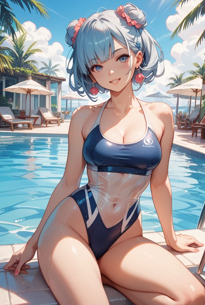 (top-quality、in 8K、32K, (Masterpiece, Slim Body, Delicate Fingers: 1.2), Best Quality, (Illustration: 1.2), (Hyper Detail), Eye Focus, Ultra Detail, (Fine Detail), (Intricate Detail), HDR, (Ultra Detail: 1.15), (Soft Light: 1.2), (1 girls), background, ((track and field), Wear, ((track uniform) , sportswear, sports bras, (sports bikinis), (blushing:1.3), (White hair and blue highlights),cyan eyes, teenager, embarrassed face, medium, short hair, solo, multicolored hair, ahoge, (flats chest:1.2), high quality, best quality, full body image,