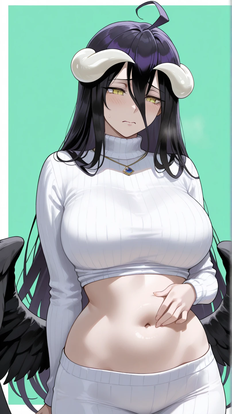 1girl, pale skin, black hair, orange eyes, very long hair, off shoulder, black shirt, striped gloves, striped thighhighs, midriff peek, short shorts, large breasts, choker, expressionless, open mouth, (shoujo-style, sexy-style, fantasy-style)