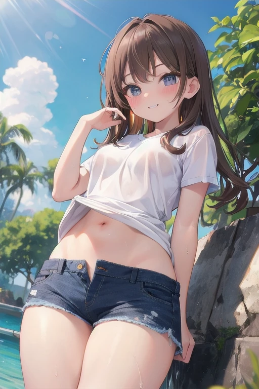 (8K、Highest quality、Highest quality、masterpiece)、Detailed face、One Girl、(Brown Skin:1.2)、Long Hair、Yellow Eyes、Grin、(Black tank top、Denim hot shorts、Mini Shorts、Spread pussy under shorts、frontal wedgie、wedgie、Spread vagina under shorts)、labia view、Beach、cloud、vagina、Spread Vagina、spread pussy、Big Breasts、