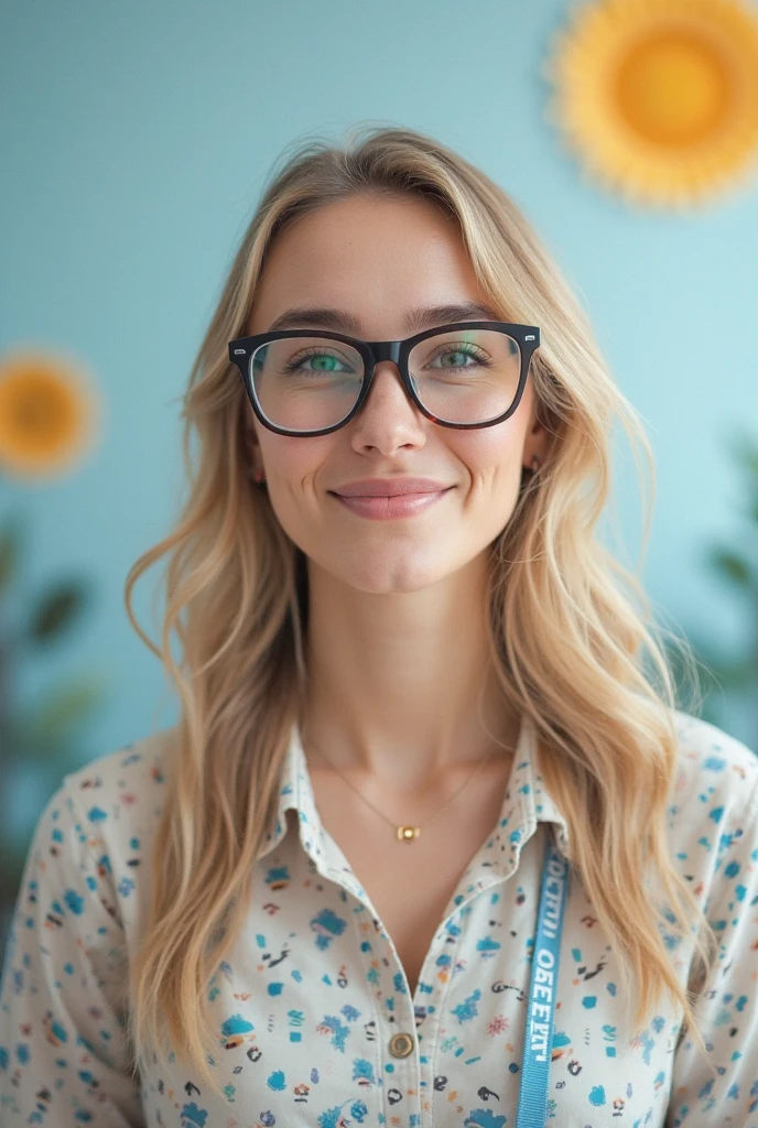 a pretty young girl Emily Bett Rickards with a button nose a barrette holding her messy wavy blonde hair ringlets frame her face a quiet study green plants on the windowsill rays of morning light she smiles softly under black oval glasses reading peacefully a white peasant blouse sleeves rolled up to her elbows a pencil in hand