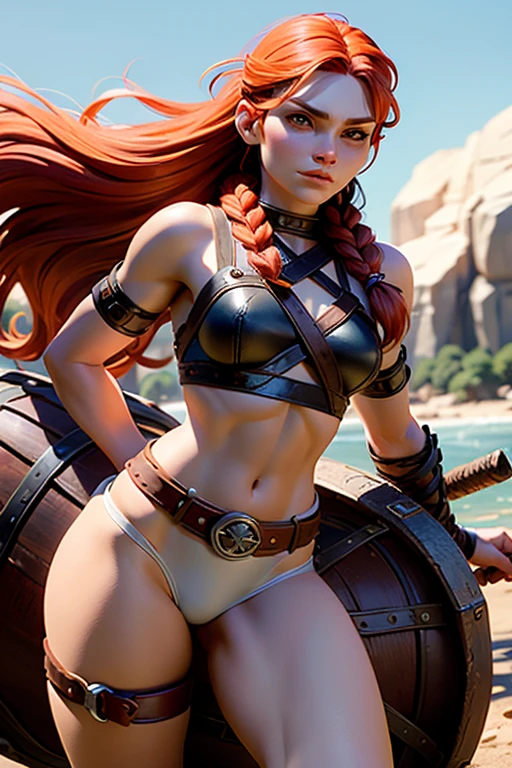 NSFW (((masterpiece+best quality+high resolution+ultra-detailed))), nude woman with wavy shoulder-length hair, Red Sonja, muscular, angular face, ((red pubic hair)), proud, chainmail, leather boots, sword belt, sword, tropical beach background, blue sky, clouds, dynamic angle and posture.