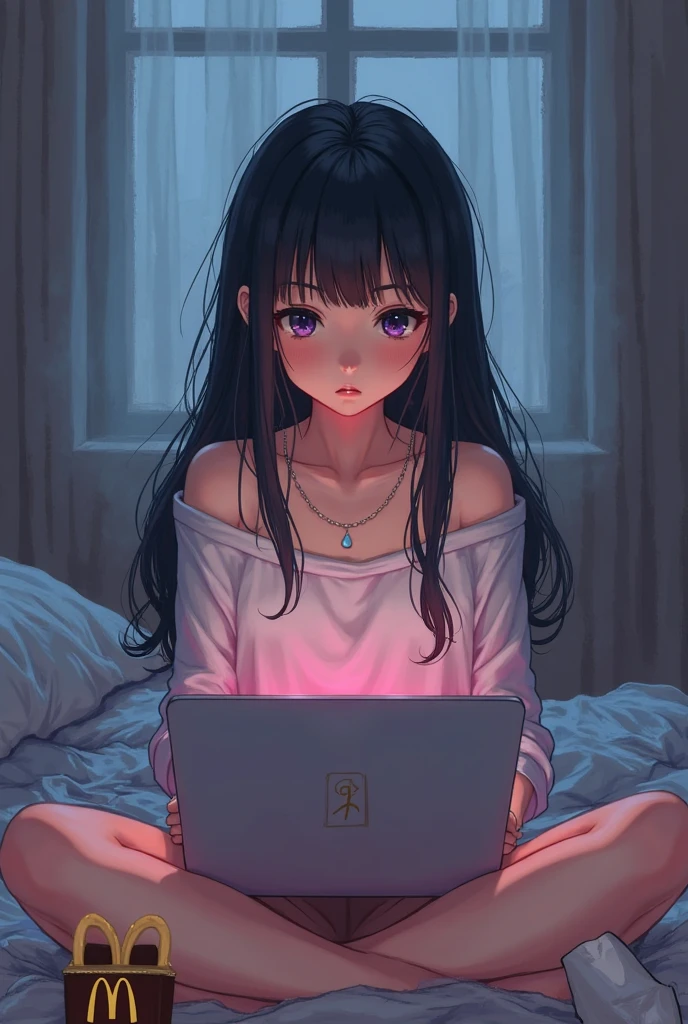 Long black hair, half-pigtails, skirt, ribbon, computer, smartphone