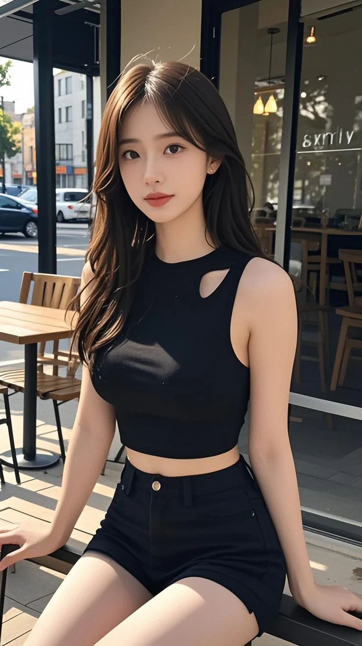 masterpiece, top-quality, 1 beautiful girl, (Detailed beautiful eyes), ((Detailed skin)) , ((Detailed medium hair)), A beautiful girl in black crop top and ripped jeans oversize, colorfull, RAW photos, Camera angle behind, sitting outside the coffee,  CG rendering, Blurred background, deep shadow,  16K, bokered,   Very detailed, wallpaper, depth of field, movie light, Ray tracing.