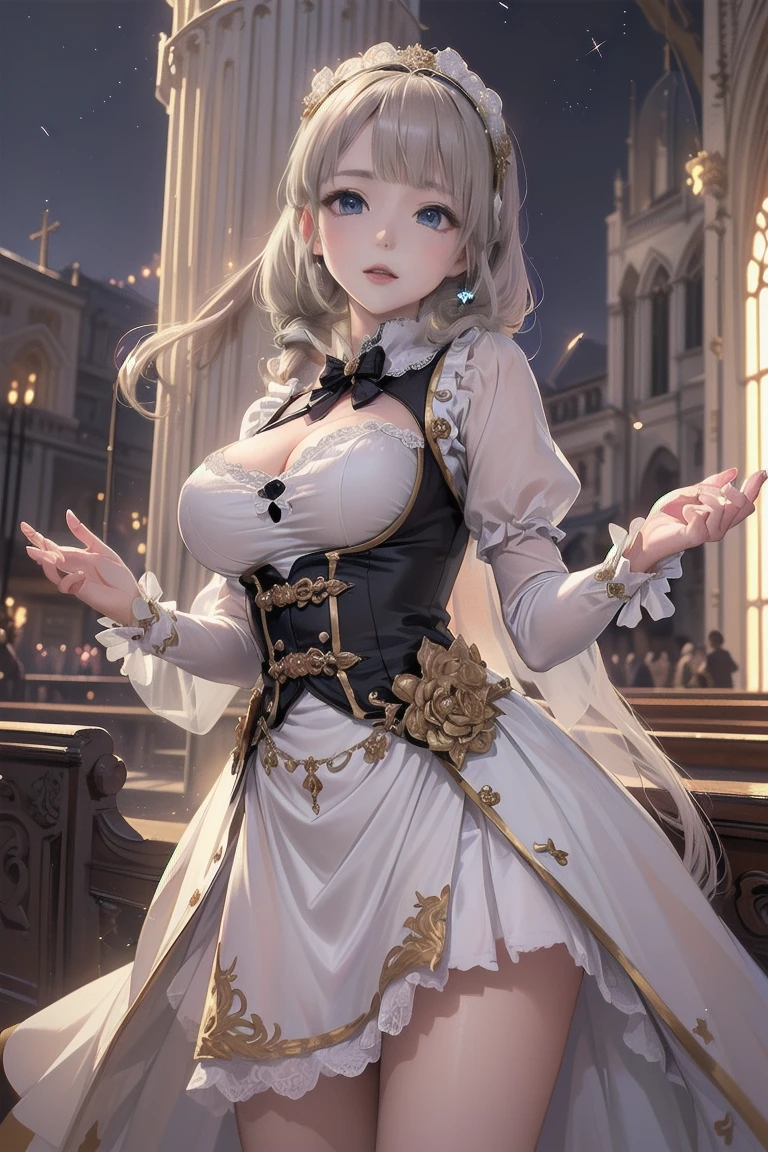 masterpiece:1.4, best quality:1.4, 8K animation,  {A beautiful, bewitching, kinky, lecherous princess}, Gorgeous, mature and pretty crinoline ball gown, on concert stage, Lift the skirt to show the pussy, off shoulders, big breasts