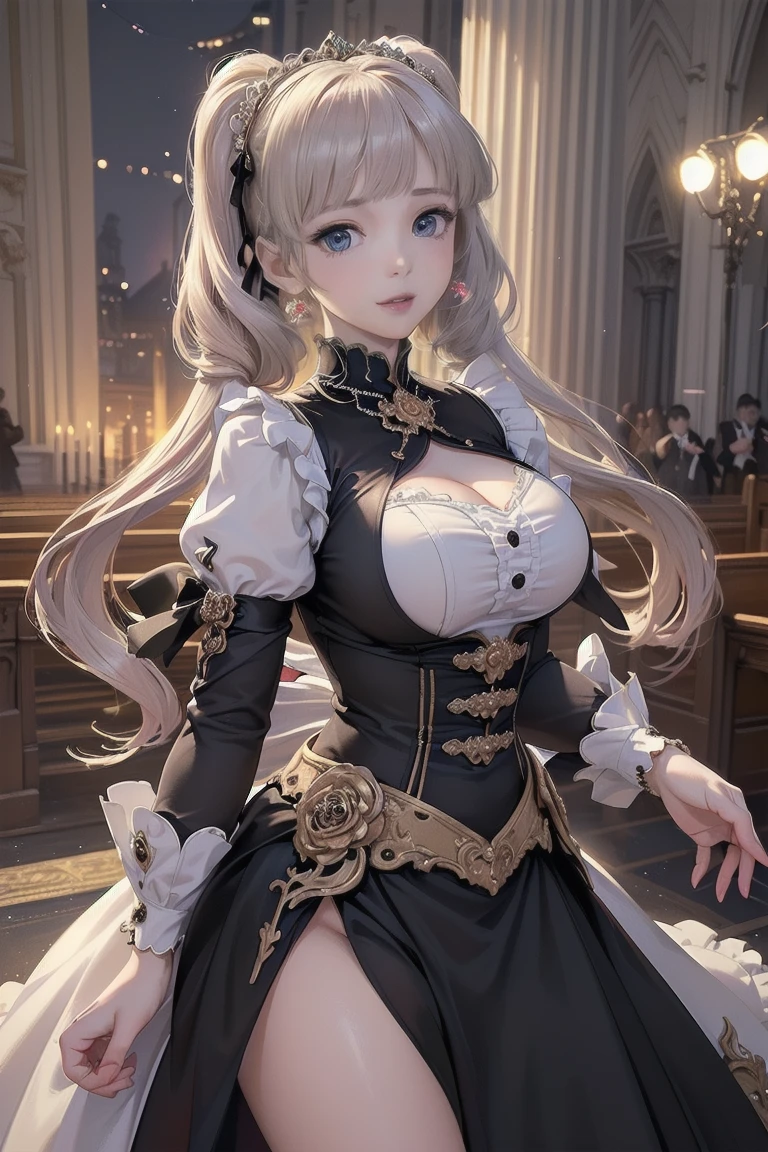 masterpiece:1.4, best quality:1.4, 8K animation,  {A beautiful, bewitching, kinky, lecherous princess}, Gorgeous, mature and pretty crinoline ball gown, on concert stage, Lift the skirt to show the pussy, off shoulders, big breasts
