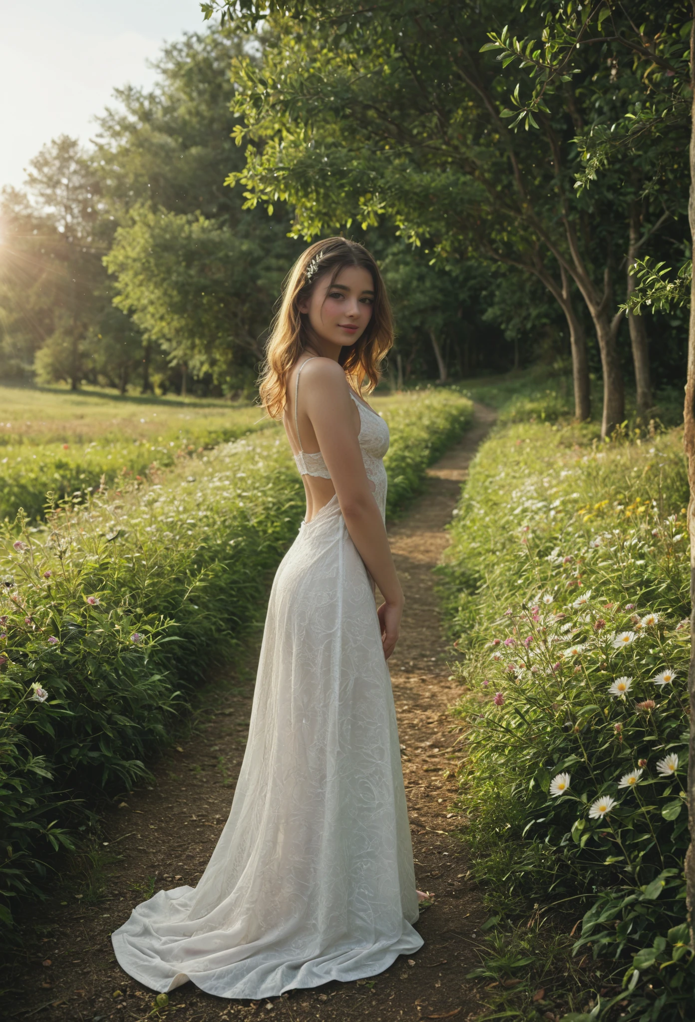 Full body photograph of a girl, wearing long white clothes like an angel standing , From the side with a view to the horizon watching the sunset in a beautiful flower field like in Switzerland, on the one hand, on the shore in the water of a stream and resting on the roots of a Syzygium jambos tree or pink apple on the banks of the stream, a beautiful orange sky and white moonlight, DETAILED AND REALISTIC HUMAN ANATOMY, PHOTOGRAPHIC , ( Extreme detail CG Unity 8K wallpaper, masterpiece, high quality), (exquisite lighting and shadows, Extremely Dramatic Images, lens effect as in a movie)(amazing details, excellent lighting, Gran Angular), (Best representation, as prominent in that class), full body photograph