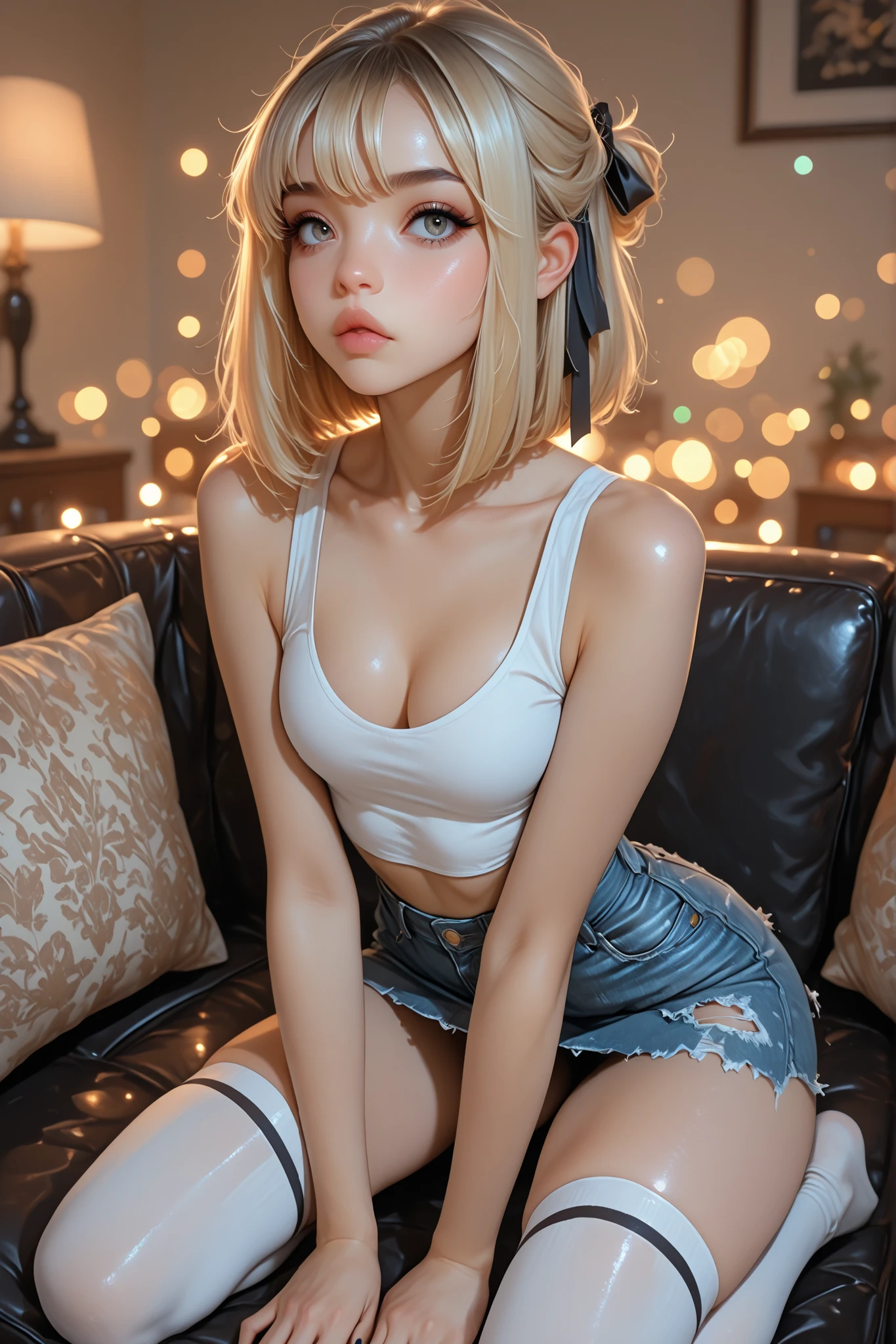 Milf, masterpiece, best quality, hrigh details, Ray tracing, hdr, volumetric lighting, bokeh, depth of field, glossy lips, score_9, score_8_up, score_7_up, upscale 2x, 1  girl, blonde hair boho bob, kneeling on couch in the living room , ripped denim mini skirt,  tank top, cleavage, thigh-high socks, very close up, small breasts, slender toned body, black nails, hair ribbon
