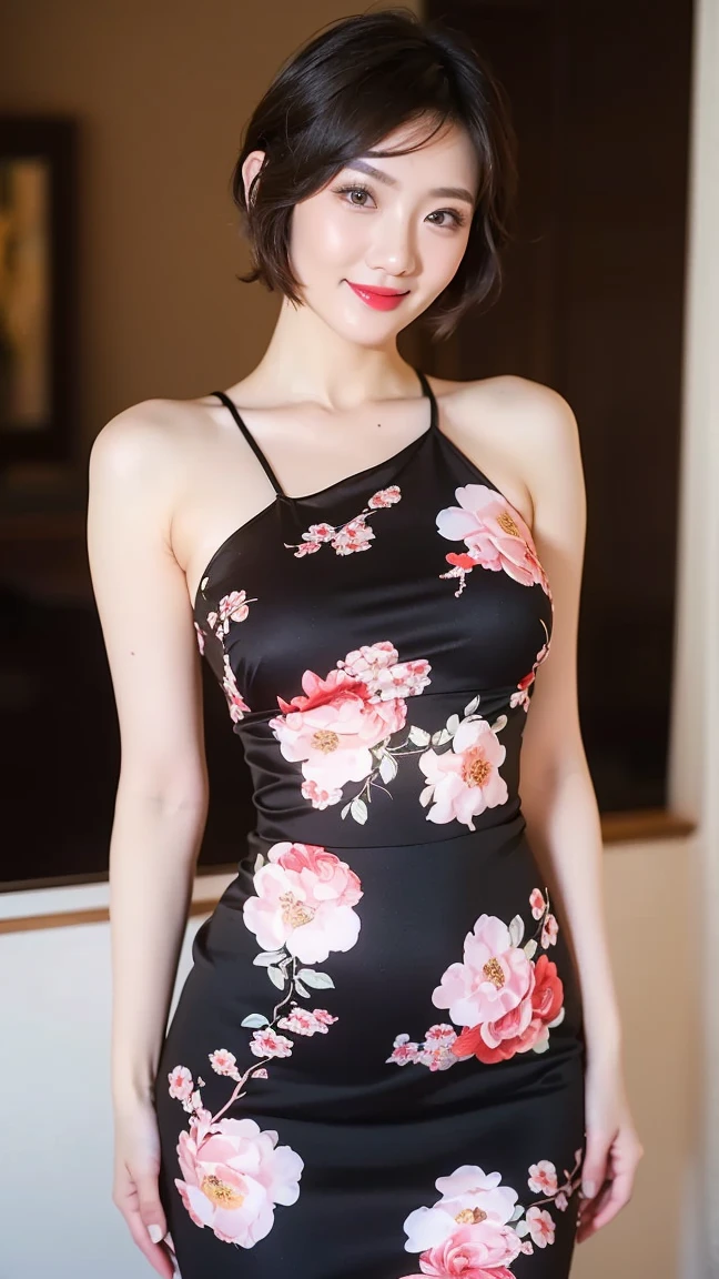 (purple printed china dress)、1人の女の子、(short-hair:1.1)、(behind arms:1.1)、(realisitic:1.7)、((beste-Qualit))、absurderes、(ultra-high-resolution)、(photo- realistic:1.6)、photo- realistic、octan render、(hiper realistic:1.2)、(photorealiscic face:1.2)、(8k)、(4k)、(mastaerpiece)、(realistic skin textures)、(illutst、cinematiclight、wall-paper)、(Beautiful  eyes:1.2)、((perfect  face))))、(cute-cute)、(is standing)、(black-haired)、(shorth hair)、black eyes、red-lips、 (exteriors)、Big