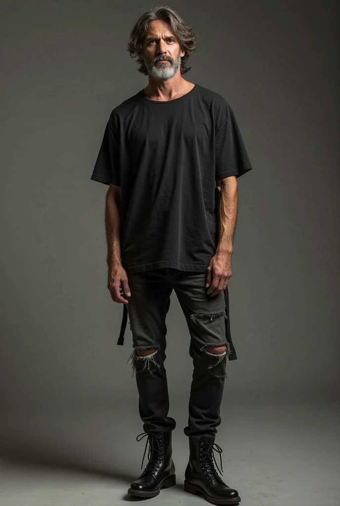 por favor crea un joven de pie de cuerpo entero,in model style wearing a black oversized t-shirt on an endless photography background in the studio . con algunos tatuajes minimalistas en los brazos., quiero la foto en blanco y negro, They are wearing Vans shoes on their feet.. por favor use el mismo tema para las fotos. hiprerrealistic