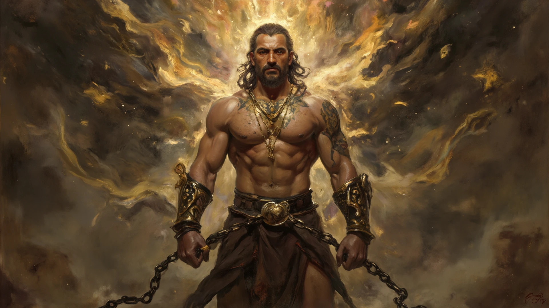 Create an image with an ultra realistic muscled Jesus with ripped clothes with so much muscle that Jesus has a face with a sovereign expression with a Lightning Bolt in his hand expelling demons with a background of fire the desperate demon full hd