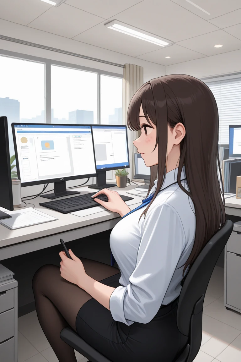 Office lady working on a computer at her office desk、1girl in,  serious cover、brown Wavy hair、