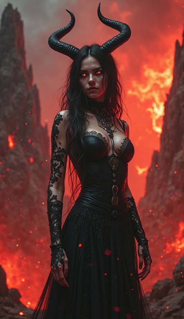 extreme dark forest in background, colorful. sinister, Aurora, mythical and magical, erotic pose, pore red hair, , big eyes, body covered with tattoo, red lips, erotic, dark light, black dress, sharp image, high resolution, super detailed image,