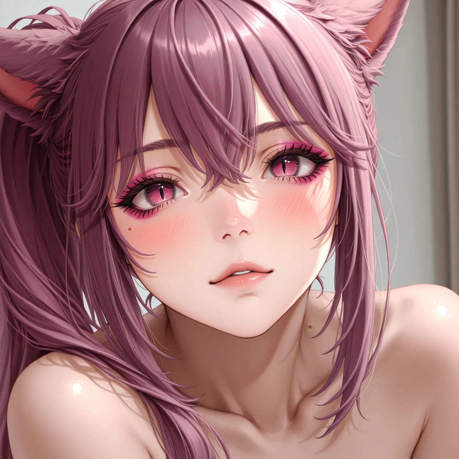 An anime style girl, Boku no Hero Academia, a girl with very long pink hair, big breasts and two little horns sticking out of her head.