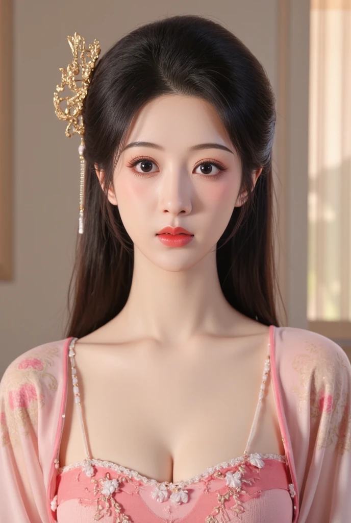 1 beautiful girl, long black hair, black eyes, Ancient Chinese style bun, wearing a thin silk shirt of ancient China, appears shoulders and head in the photo, plump red lips, pout, mouth shut, embarrassed, small face makeup detailed and very beautifull, breast augmentation, ((big blum boobs:1.2)), blush, from front, wear earrings, necklaces, from above, looking at viewer, upturned eyes, masterpiece, top quality, best quality, official art, unity 8k wallpaper, highres, ultra-high res, ultra-detailed, (photorealistic:1.2), alone, solo, Only 1 girl, style hanfu Dunhuang,