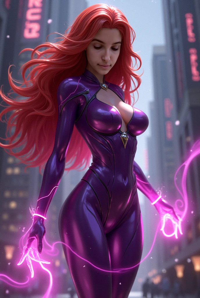 (Obra maestra, Mejor calidad:1.2),  Starfire from the Teen Titans, 1 chica, solo, Pechos, pelo rojo largo y suelto, Noche, Purple metallic bodysuit with a deep V slit at the front opening, descomprimido hasta abajo, mono abierto, solid green glowing eyes, fondo del espacio, manos perfectas, Dedos perfectos, traje diminuto, piel de naranja