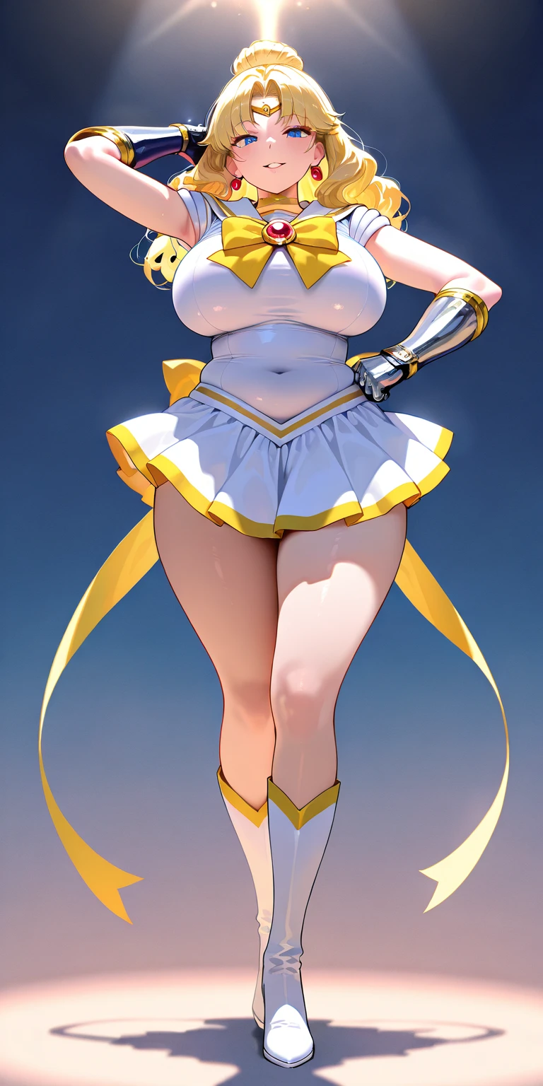 flat chest、highleg、The whole body can be seen from directly below、Delicate body、Yellow ponytail、Beautiful open legs