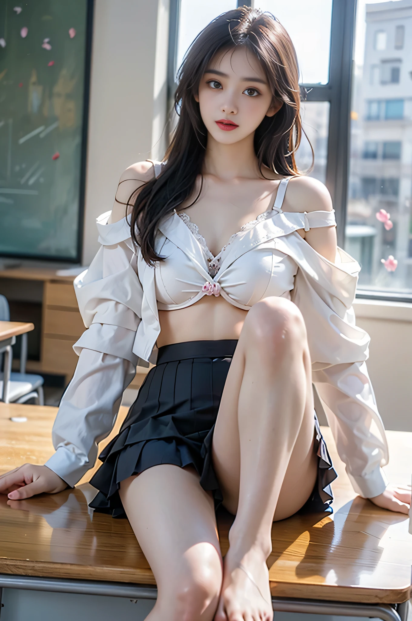 Nagi Fujisaki、Kissing Face、Eyes open、Sheer white blouse、Black Bra、Black Panties、Checkered pleated skirt、Sit with your knees bent、Spread your legs
