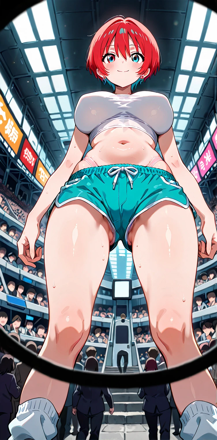 A beautiful woman with short hair, big breasts and beautiful legs is standing by the pool with her legs spread apart and blushing, wearing a bright pink high-cut swimsuit with the arena logo and lettering.。Angle from below。