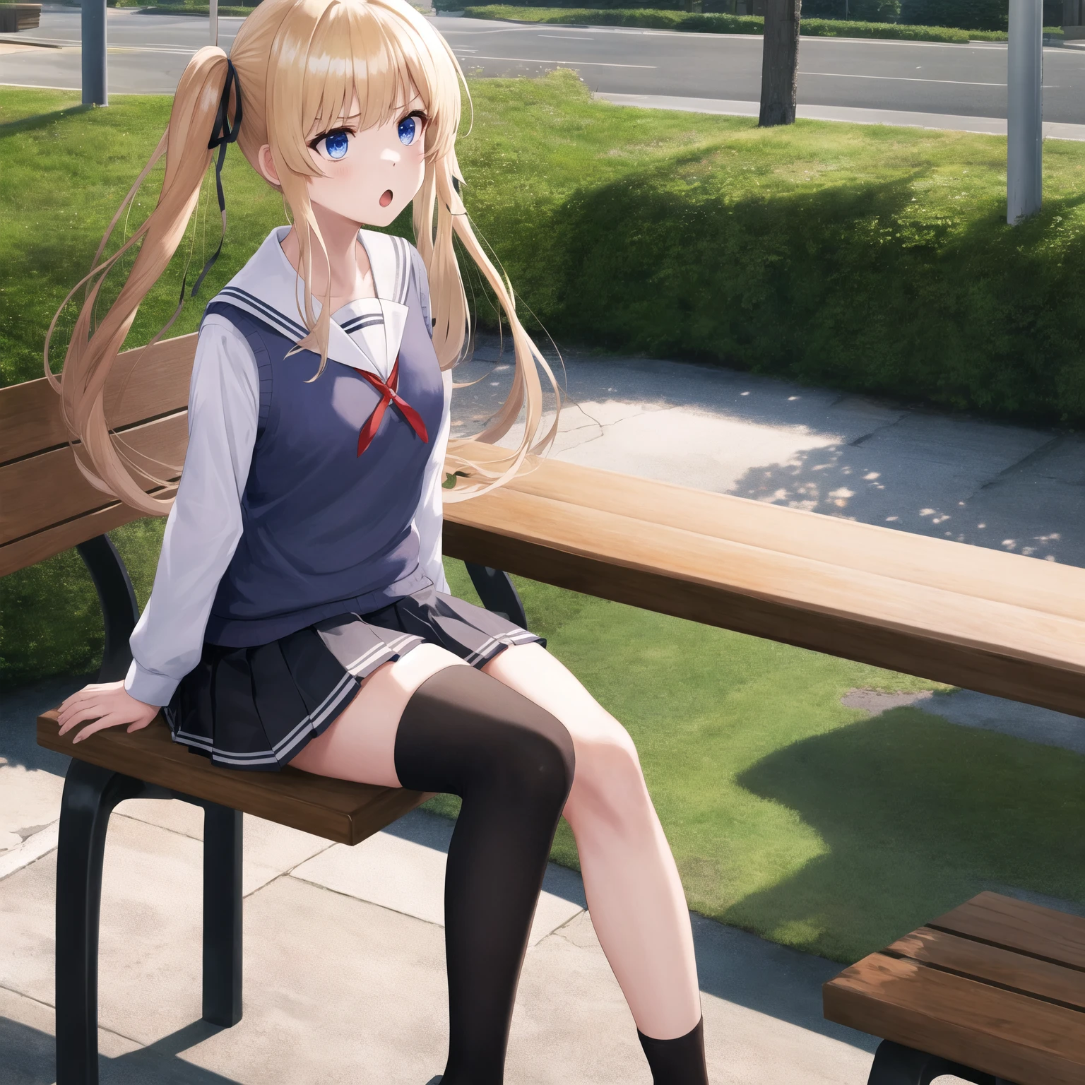 eririspencer, eriri sawamura spencer, blonde hair, blue eyes, blunt bangs, hair ribbon, hime cut, long hair, twintails, full body, full pose, ((medium BREASTS)), happy face, teeth, Grimace, ((sitting on rock)), ((crossed legs)), BREAK black ribbon, black skirt, ((black pantyhose)), pleated skirt, ribbon, school uniform, skirt, zettai ryouiki, BREAK ((looking at viever), ((school shoes)), BREAK, ((playground background)), BREAK (masterpiece:1.2), best quality, high resolution, unity 8k wallpaper, (illustration:0.8), (beautiful detailed eyes:1.6), extremely detailed face, perfect lighting, extremely detailed CG, (perfect hands, perfect anatomy),