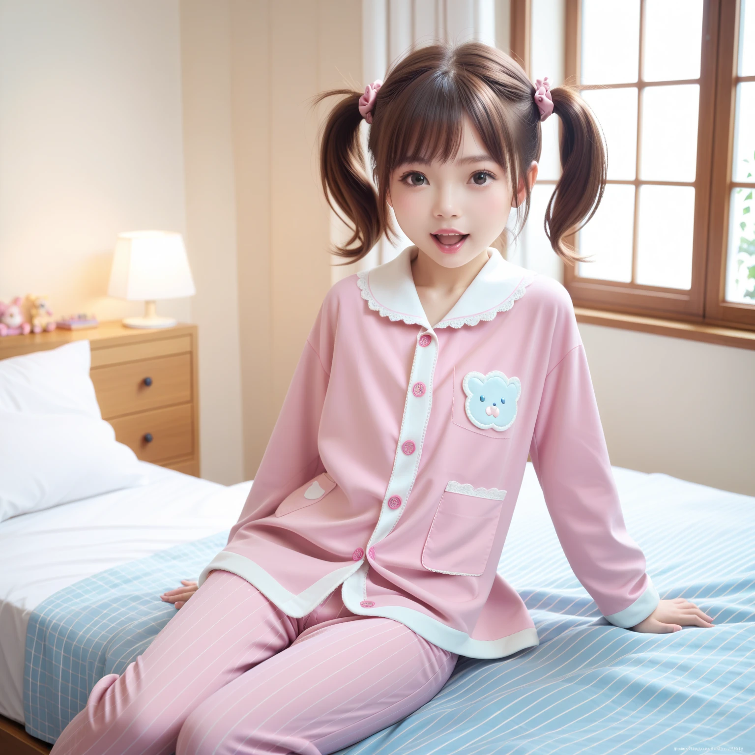 Japanese,10 years old,innocent face,teenage girl,cute,primary school student,pajamas,summer clothes,sitting