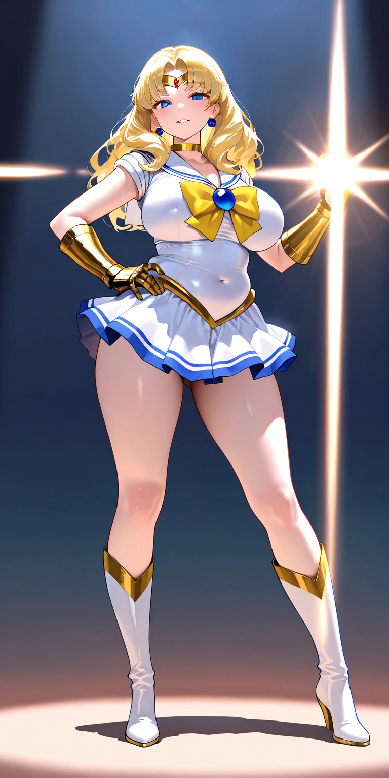 (Perfect Anatomy)、Mastepiece、Ultra High Quality、 8K、masterpiece、Highest quality、Ultra-high resolution、Maximum resolution、Very detailed、Professional Lighting、anime、woman、thin、so beautiful、Highly detailed eye、Highly detailed face、Golden earrings、Blonde, hair bun, Yellow Eyes、Mid-chest,Valkyrie armor, white open mini skirt , full body, gold pattern, white super long boots, white long gloves, female martial artist, high heels, white clawed gauntlets, white cute headgear, fighting stance, gold knee armor, Summoning thunder, Spinning kick, confident pose, Kickboxing, dynamic angle, dynamic pose, action painting, gestural marks, dynamic brushwork