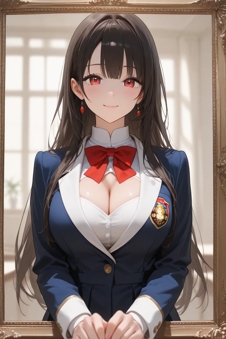 ((Best Quality)), ((masutepiece)), (Detailed), Perfect face　a beauty girl　cleavage of the breast　red eyes　long, thick black hair　 Blunt bangs　High school students　Red Blazer　Black miniskirt