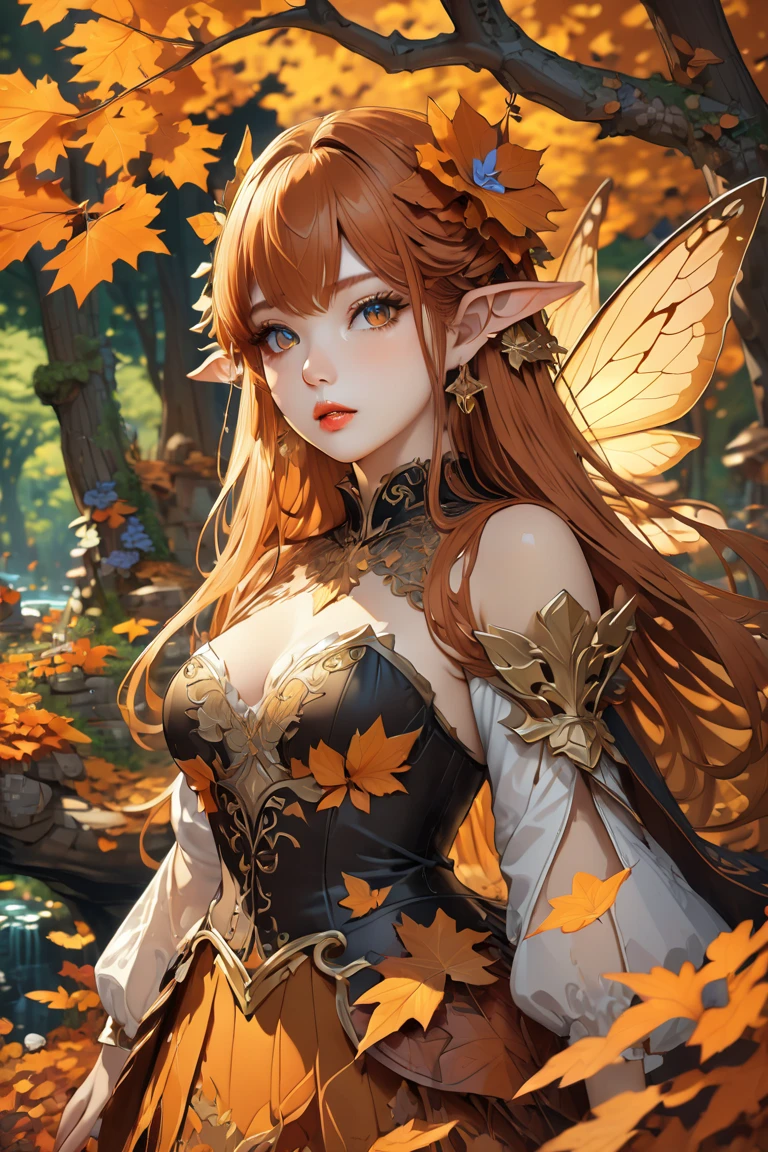 ((Fairy of the Forest)),best quality, elaborate illustrations, Sexy and cute expression, Powerful and beautiful eye shadow, delicate and shining eyes, best quality, beauty ballerina、blonde gradient hair (Chartreuse, orange색 하이라이트)、big bust, thick thighs((whole body))、(( photo taken in the forest)))、In the green forest(various fruits, apologize, orange, peaches, etc.)
