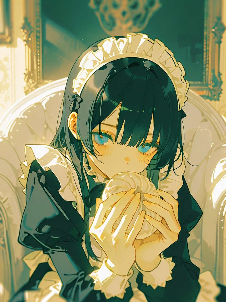 depth of field,extreme aesthetic, masterpiece, best quality,very good quality, absurd,32K UHD,newest,year 2024,year 2023, best quality hands, very good quality hands,very detailed,
1 good girl, long jet black hair, straight hair, dark ultramarine blue eyes, round eyes, maid uniform, romantic, long skirt, background classic royal room, sturdy room