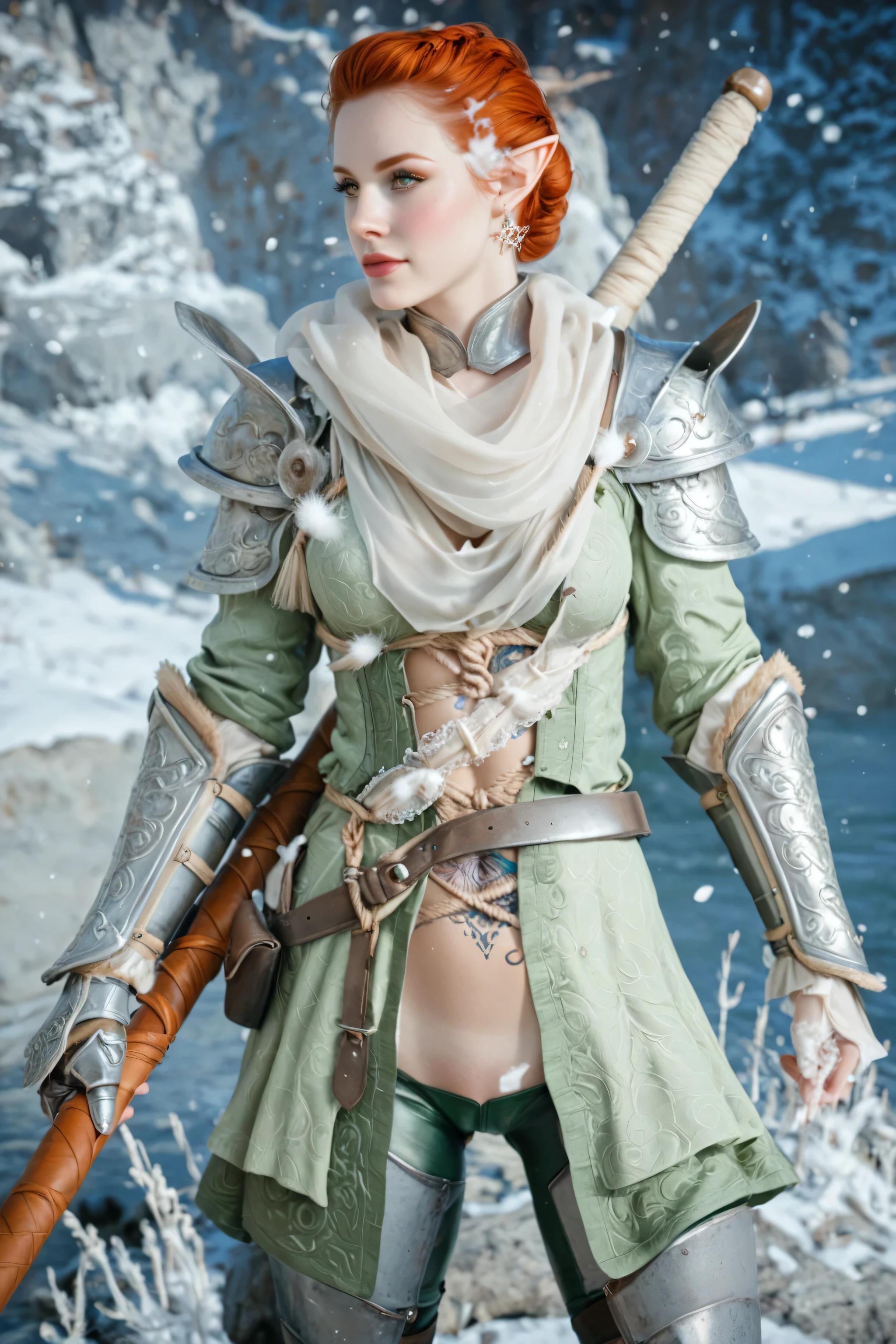 dragon age inquisition, elven character, elf woman, she has elf ears, female character, Perfect round medium breasts, short red lesbian hair, sexy body, slim waist, athletic, scantily clad, shibari, armored clothing, ornate embroidery, one tattoo over her left eye only