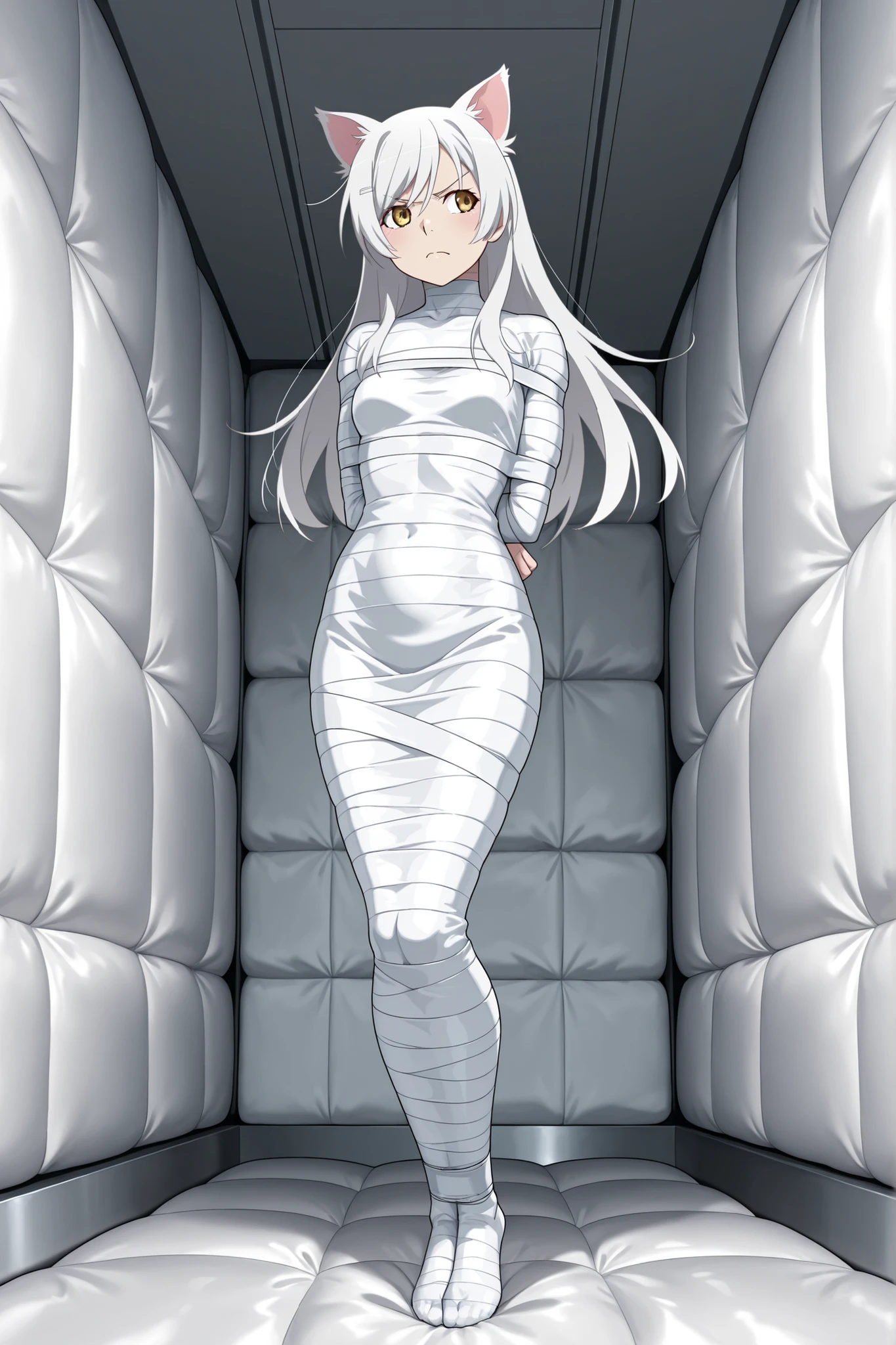 ,Monogatari Series,hanekawa tsubasa,bakeneko, white hair, yellow eyes, long hair, cat ears,
,White bandage,All White tape,Mummification Bondage of White,White mummy,White mummification,White mummified,feet together,bondage,wrappedupgirl,Arms behind the body,Arm Mummification,
,Arms are pressed against the back,There is no space between the body and the arms,Hands behind the body,
,(masterpiece, best quality),anime style,beautiful girl,high resolution,vivid colors, extremely detailed,Ultra detail: 1.3,Vibrant colors,anime screenshot,
,Background an unadorned white Padded room,Background Small a featureless white room,
,1girl,solo,,Angry face,
,Whole full body,full body in frame,,face visible,,close-up,face focus,
,looking away,Look away from the camera,