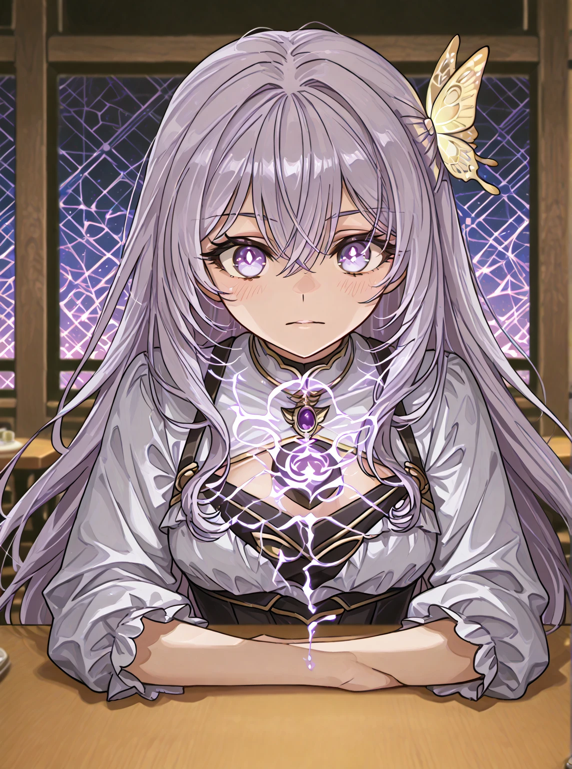 anime priestess maid, white silver maid dress, (magic book with a silver metal cover tied to waist), (((large breasts))), ((anime character sheet)), ((very long grey hair with pink strands)), light purple eyes, Alexandrina from Zenless Zone Zero, warm motherly smile, several poses, several expressions