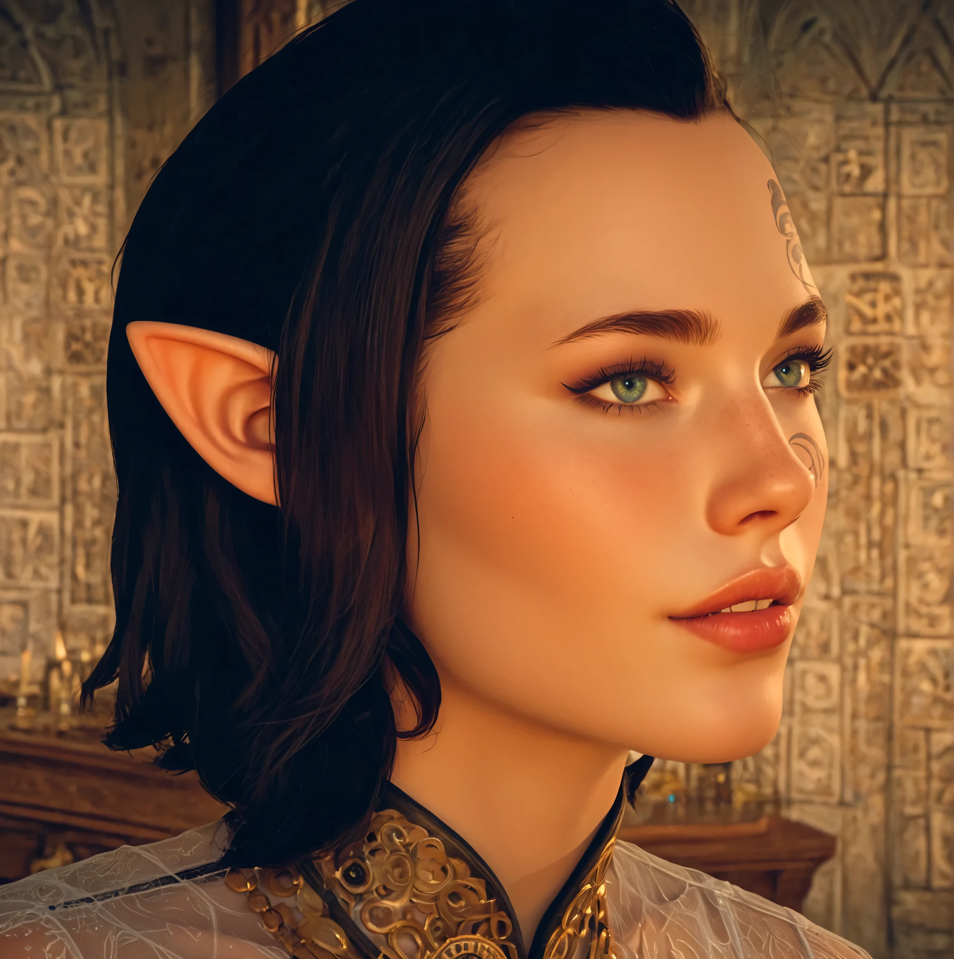 dragon age inquisition, elven character, elf woman, she has elf ears, female character, Perfect round medium breasts, short red lesbian hair, sexy body, slim waist, athletic, scantily clad, translucent clothing, ornate embroidery, one tattoo over her left eye only